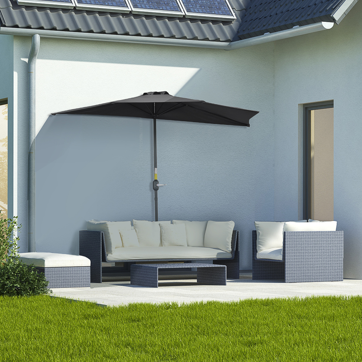 Outsunny 3 (m) Metal Frame Garden Furniture Parasol Half Round Umbrella Black - Image 2