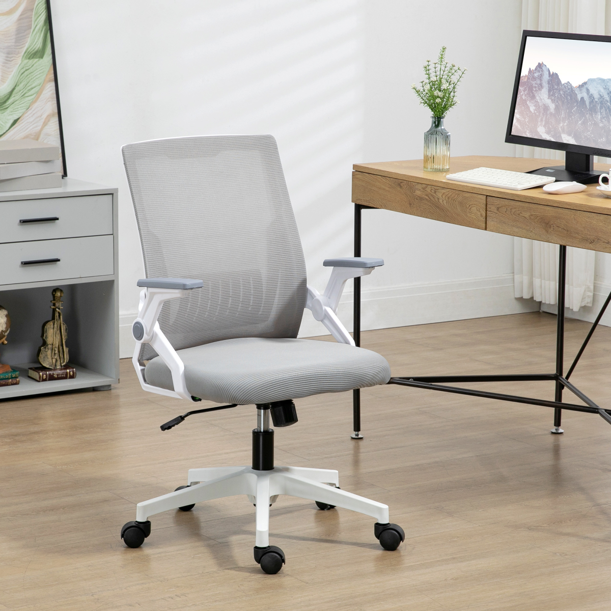 Vinsetto Mesh Office Chair for Home with Lumbar Support, Flip-up Arm, Wheels - Image 2