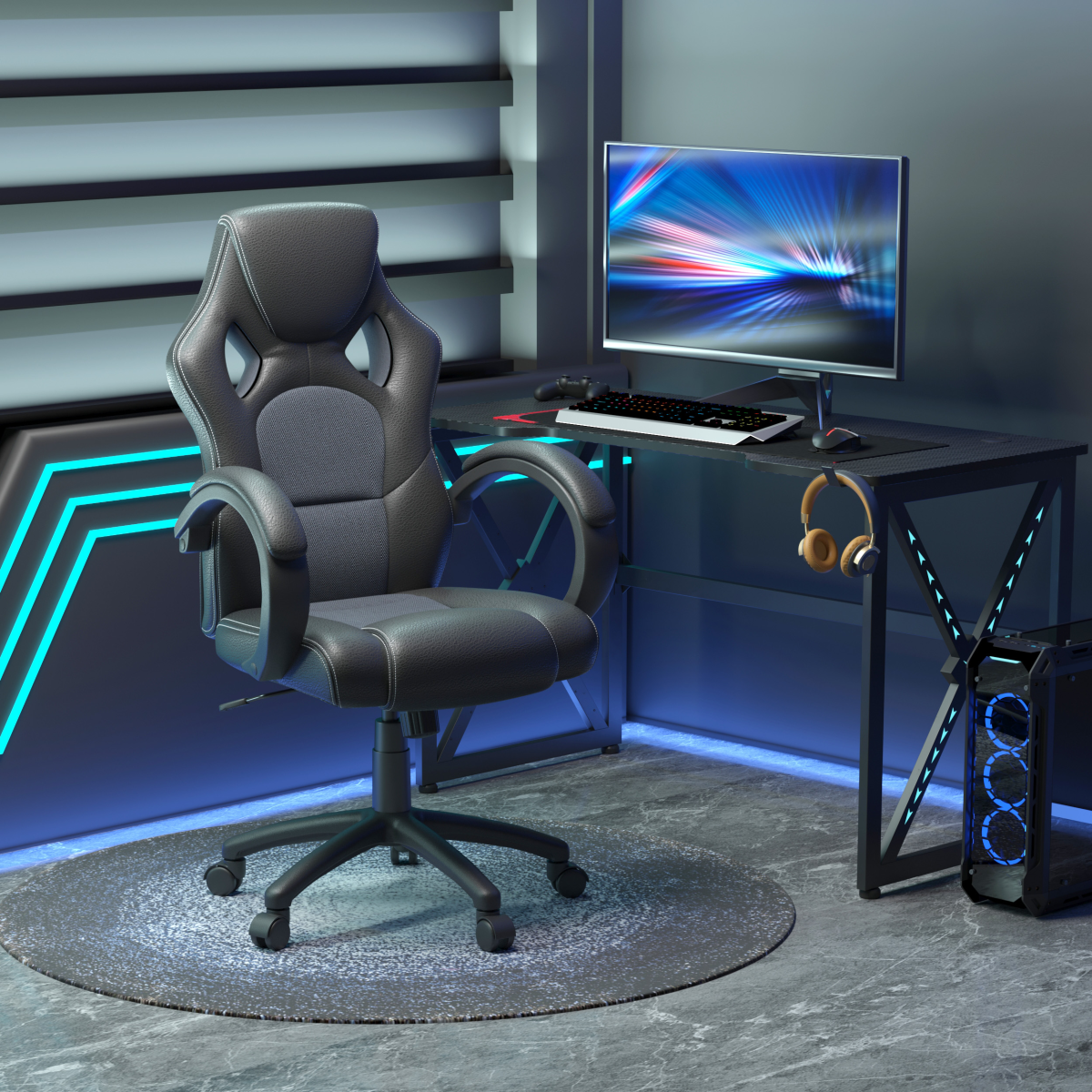 Executive Racing Swivel Gaming Office Chair PU Leather Computer Desk Chair Grey - Image 2