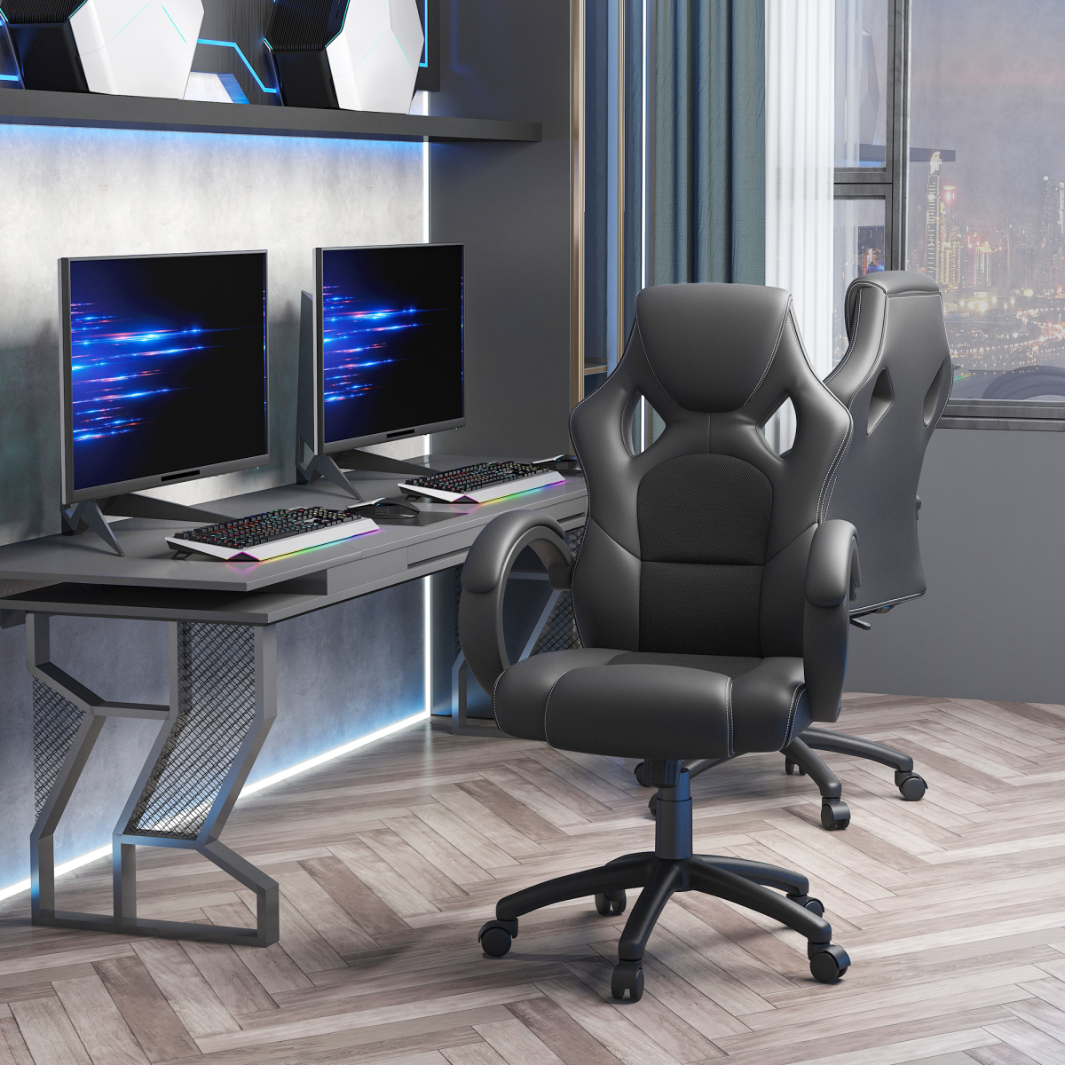 Executive Racing Swivel Gaming Office Chair PU Leather Computer Desk Chair Black - Image 2
