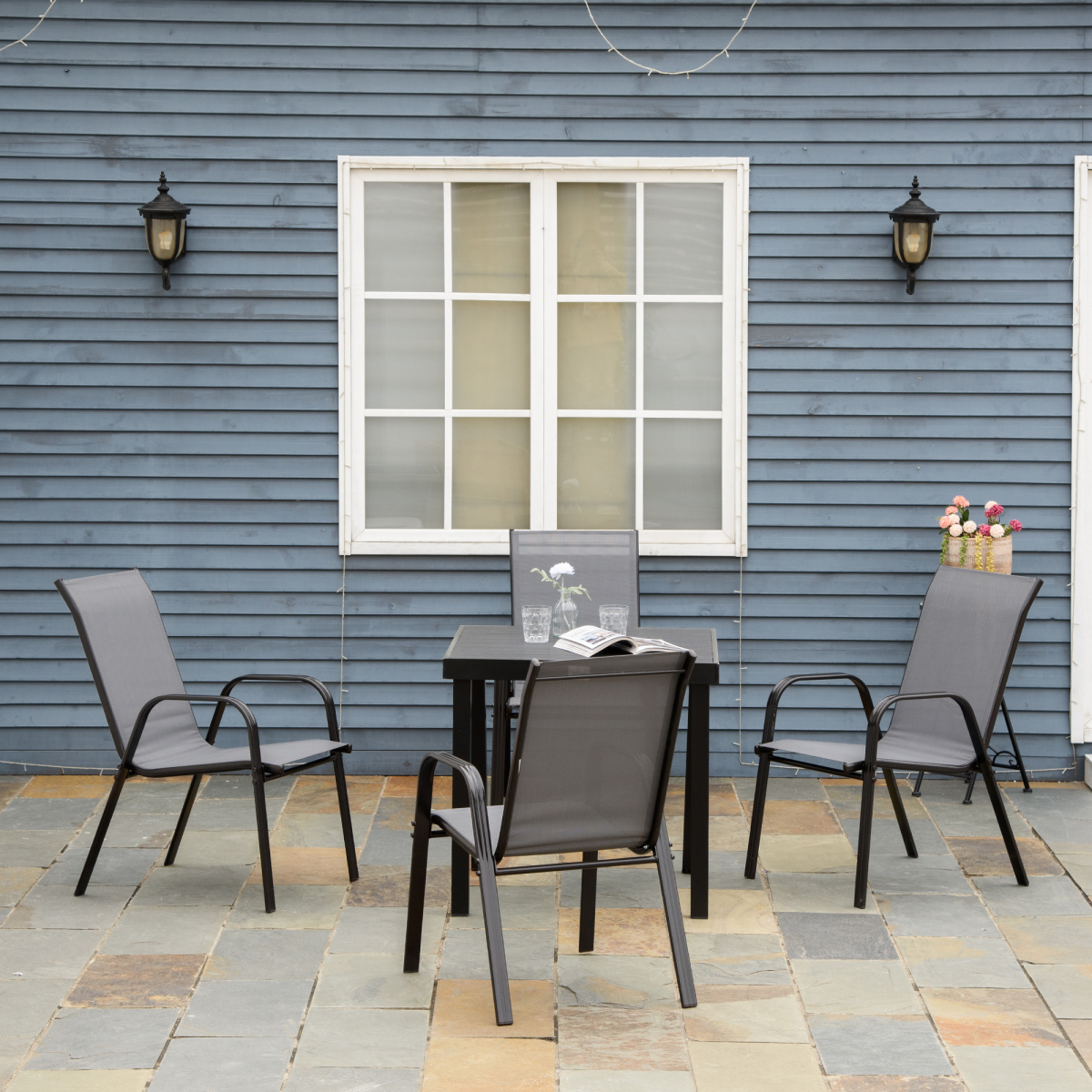 Set of 4 Garden Dining Chair Set Outdoor w/ High Back Armrest Grey Outsunny - Image 2