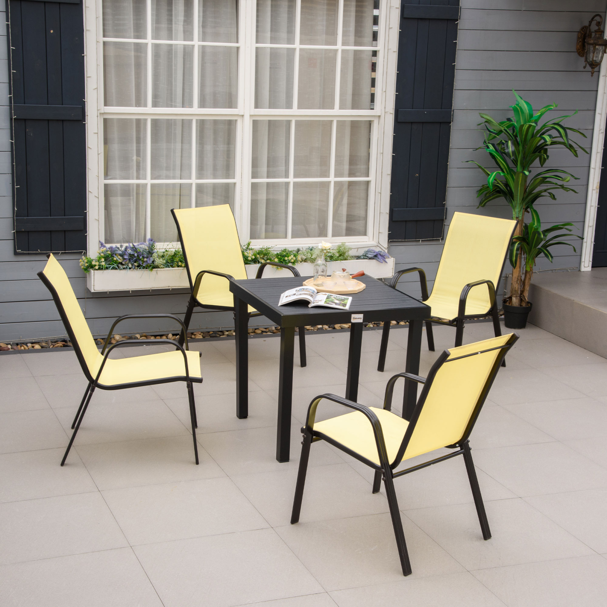 Set of 4 Garden Dining Chair Set Outdoor w/ High Back Armrest Beige Outsunny - Image 2