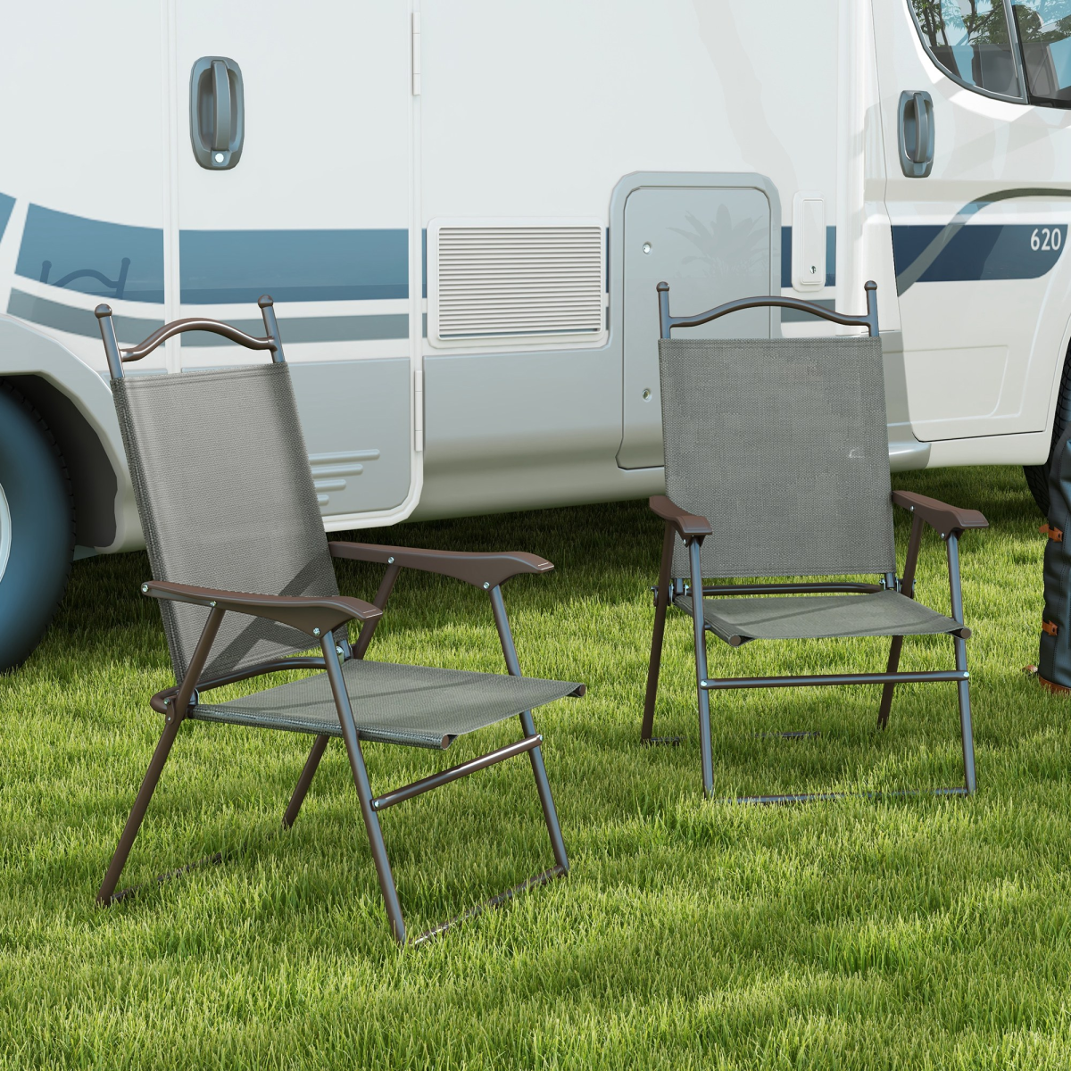 Outsunny Folding Chairs Set with Armrest, Breathable Mesh Fabric Seat, Dark Grey - Image 2