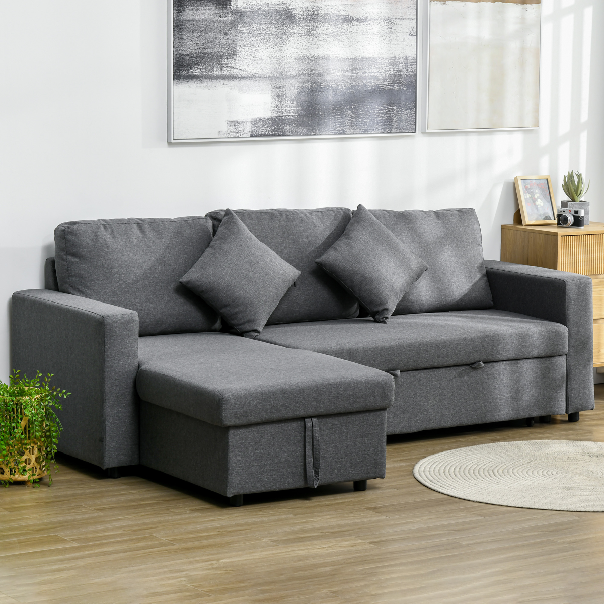 HOMCOM Corner Sofa Bed with Storage, 3 Seater Pull Out Sofa Bed, Dark Grey - Image 2