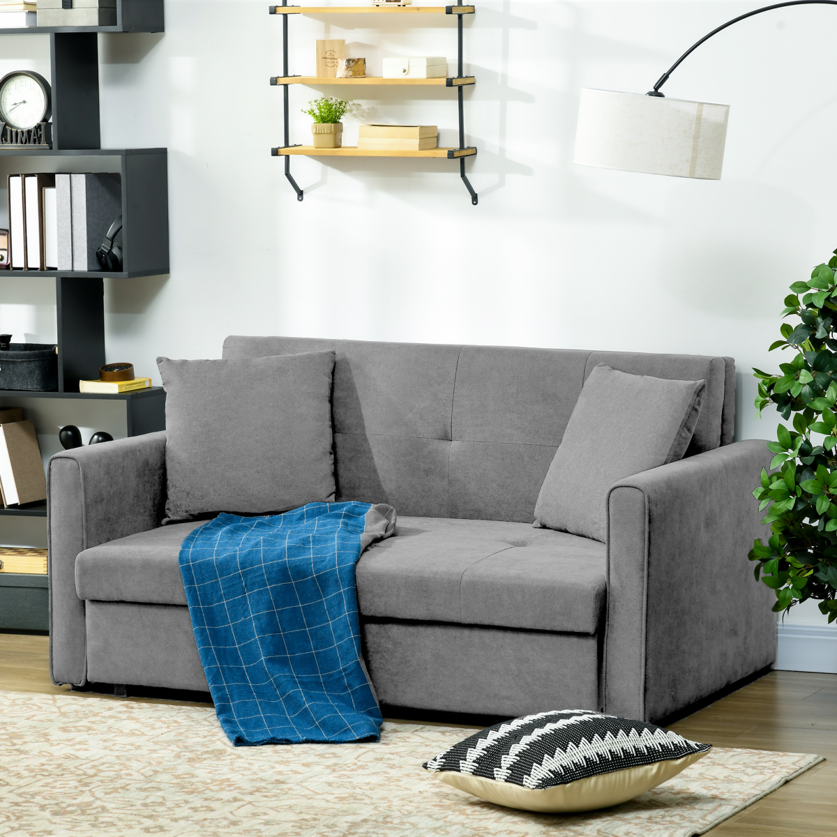 HOMCOM 2 Seater Sofa Bed Convertible Bed Settee w/ 2 Cushions Storage Light Grey - Image 2