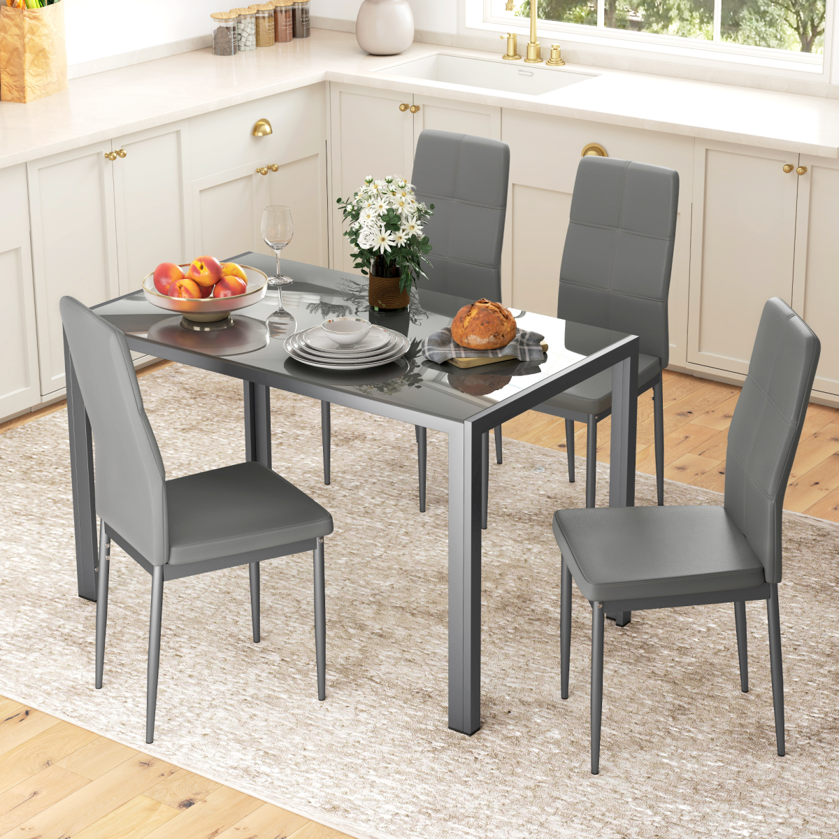 HOMCOM 5 Piece Dining Set Table and 4 Chairs Set for 4 Persons Kitchen Glasstop - Image 2