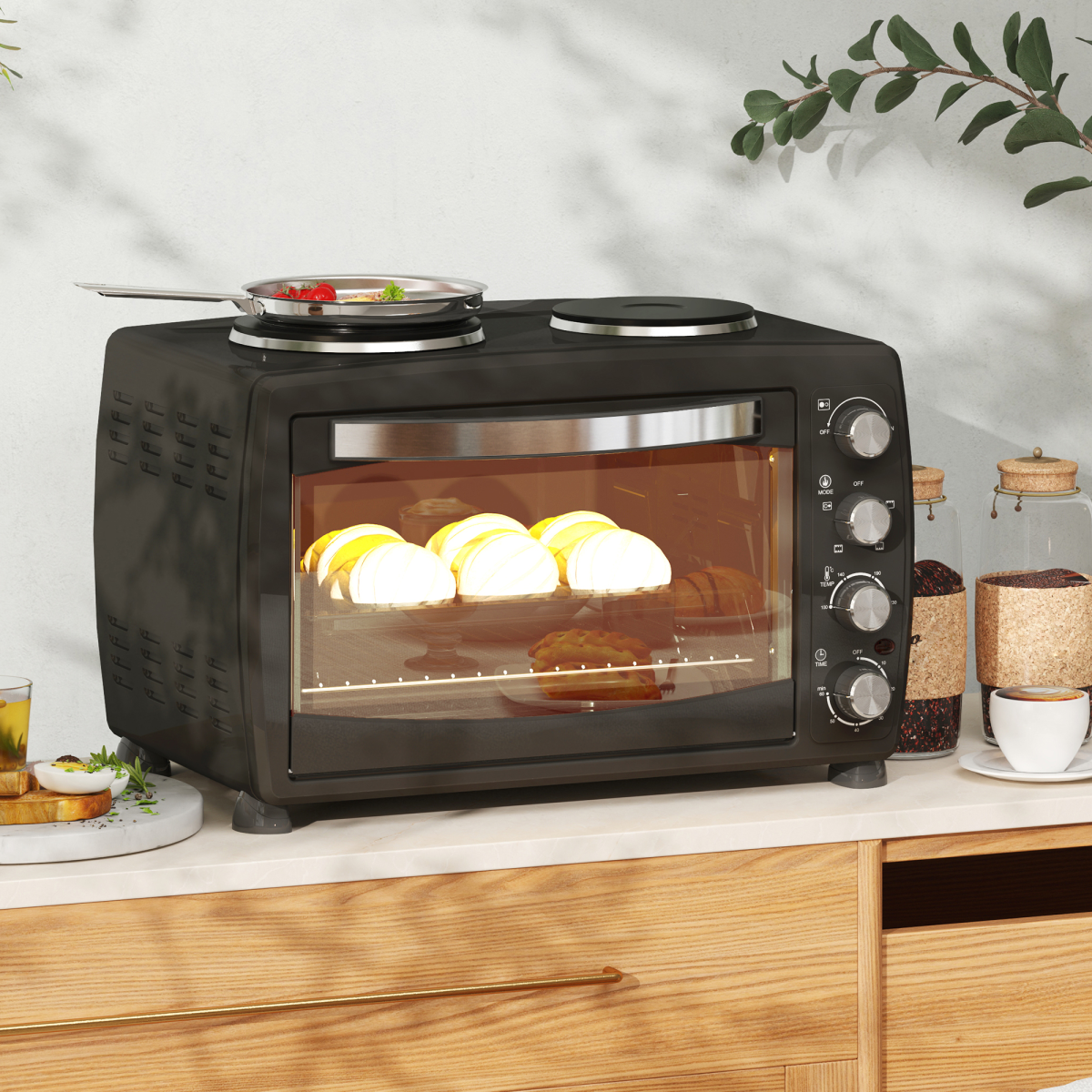 HOMCOM 36L Countertop Toaster Oven with 2 Hot Plates, Grill, Roast, Bake - Image 2