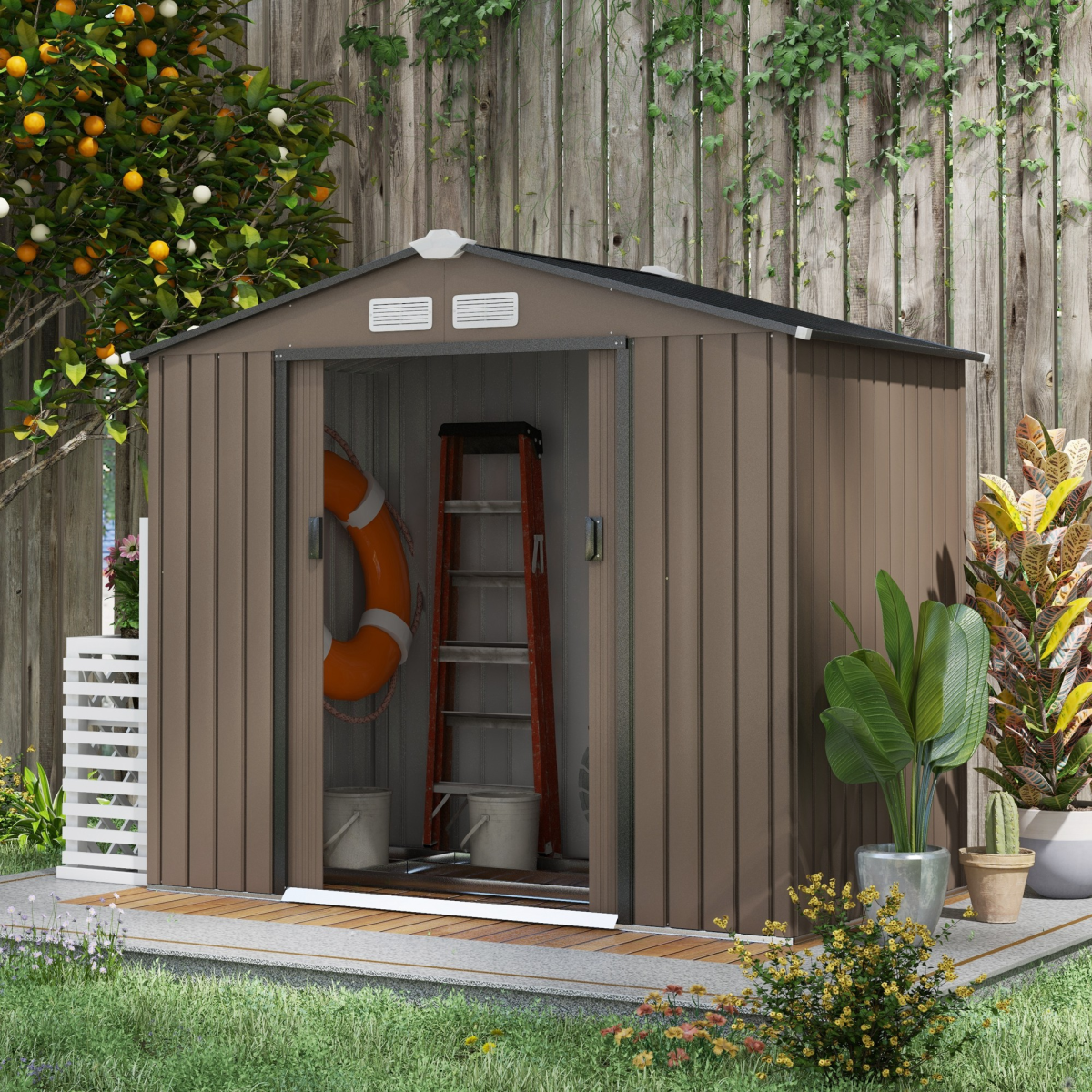 Garden Shed Storage Unit w/Locking Door Floor Foundation Vent Brown - Image 2