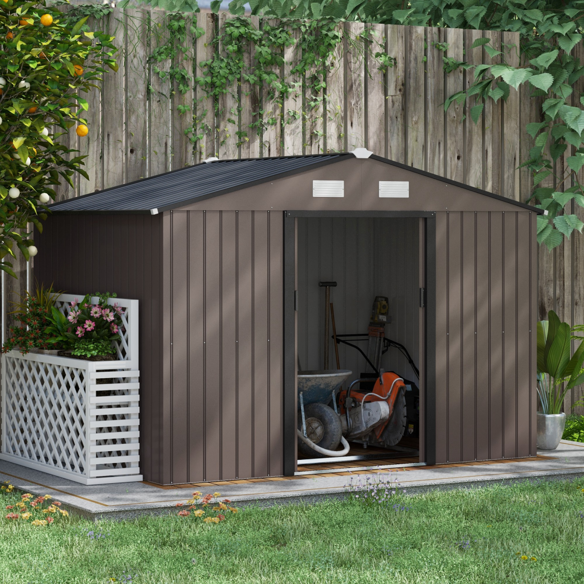 9 X 6FT Outdoor Storage Garden Shed Sliding Door Galvanised Metal Brown - Image 2