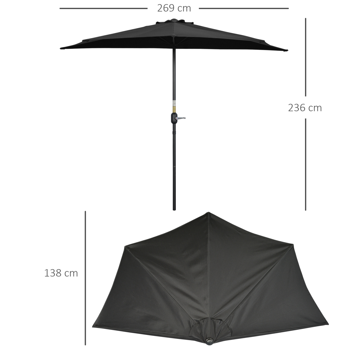 Outsunny 3 (m) Metal Frame Garden Furniture Parasol Half Round Umbrella Black - Image 3
