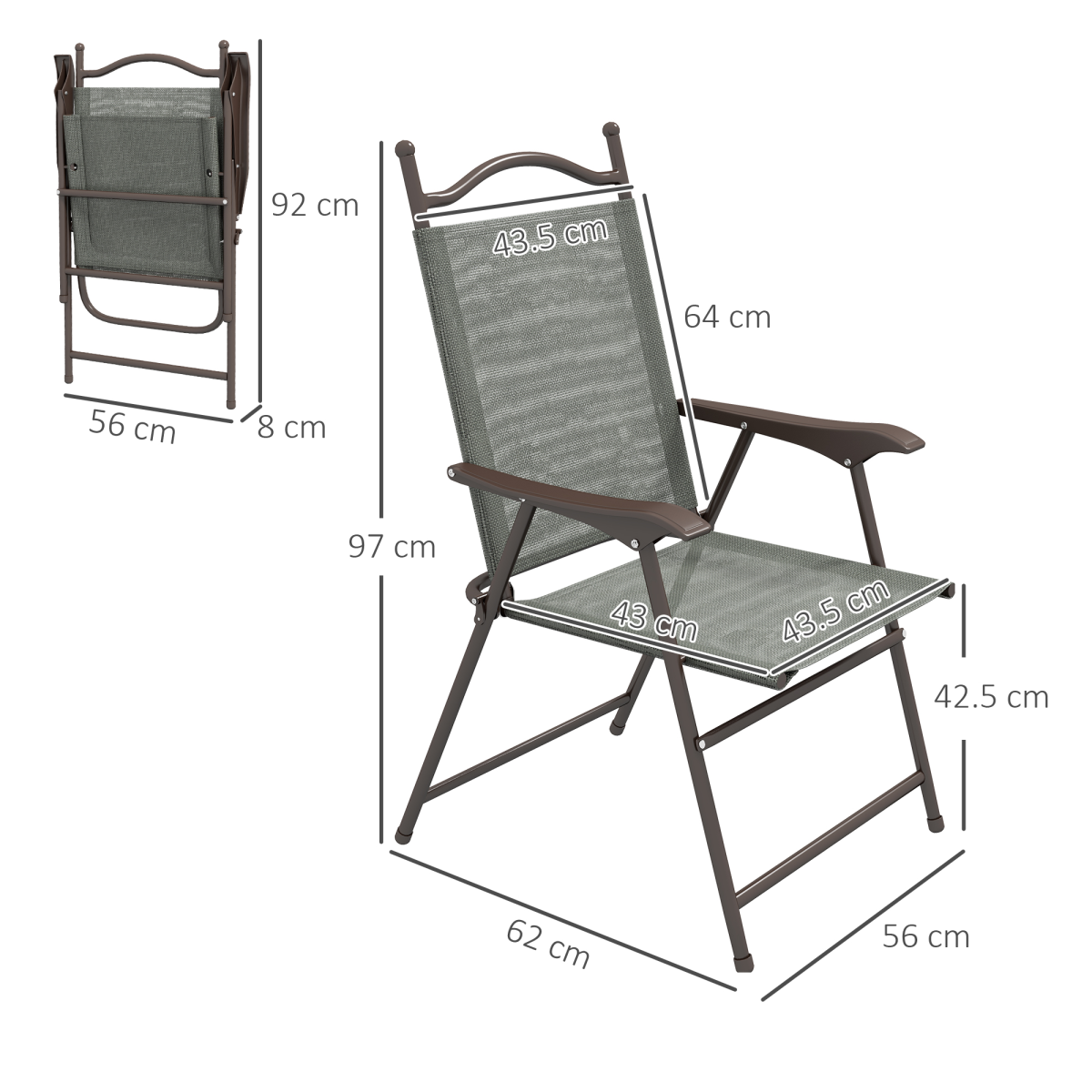 Outsunny Folding Chairs Set with Armrest, Breathable Mesh Fabric Seat, Dark Grey - Image 3