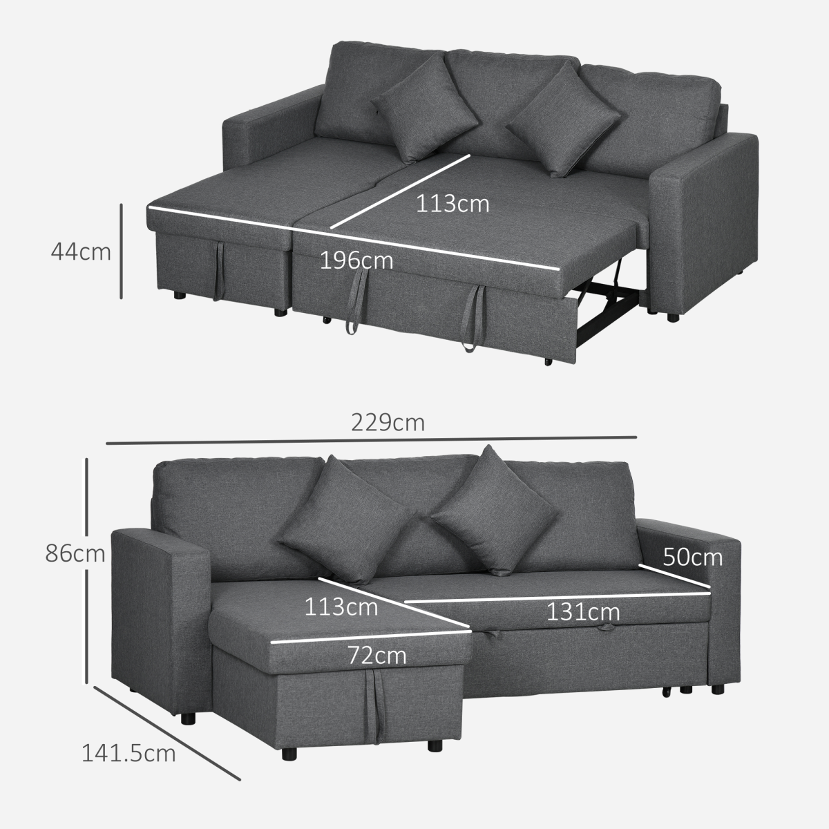 HOMCOM Corner Sofa Bed with Storage, 3 Seater Pull Out Sofa Bed, Dark Grey - Image 3