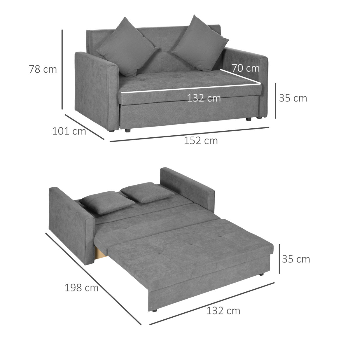 HOMCOM 2 Seater Sofa Bed Convertible Bed Settee w/ 2 Cushions Storage Light Grey - Image 3