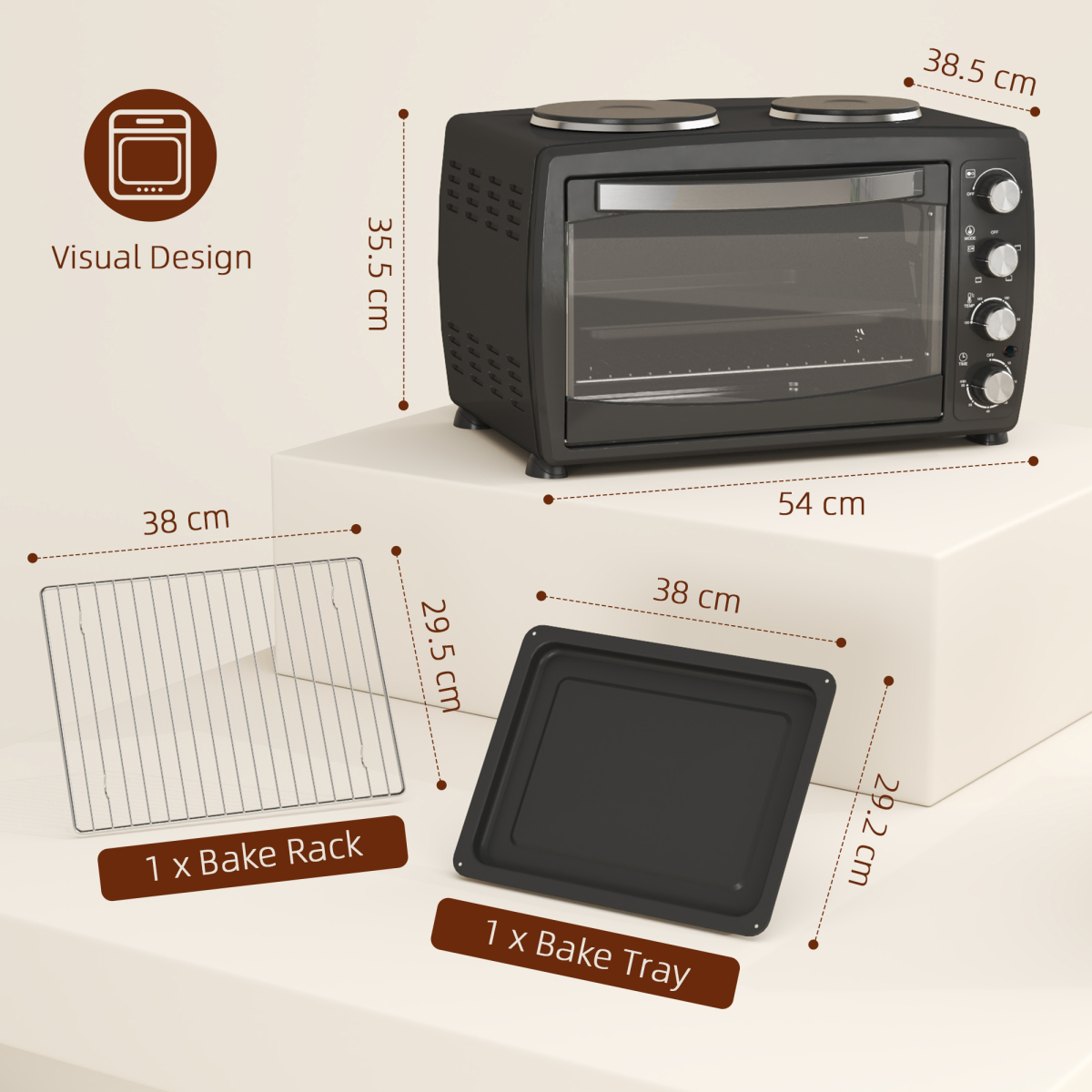 HOMCOM 36L Countertop Toaster Oven with 2 Hot Plates, Grill, Roast, Bake - Image 3