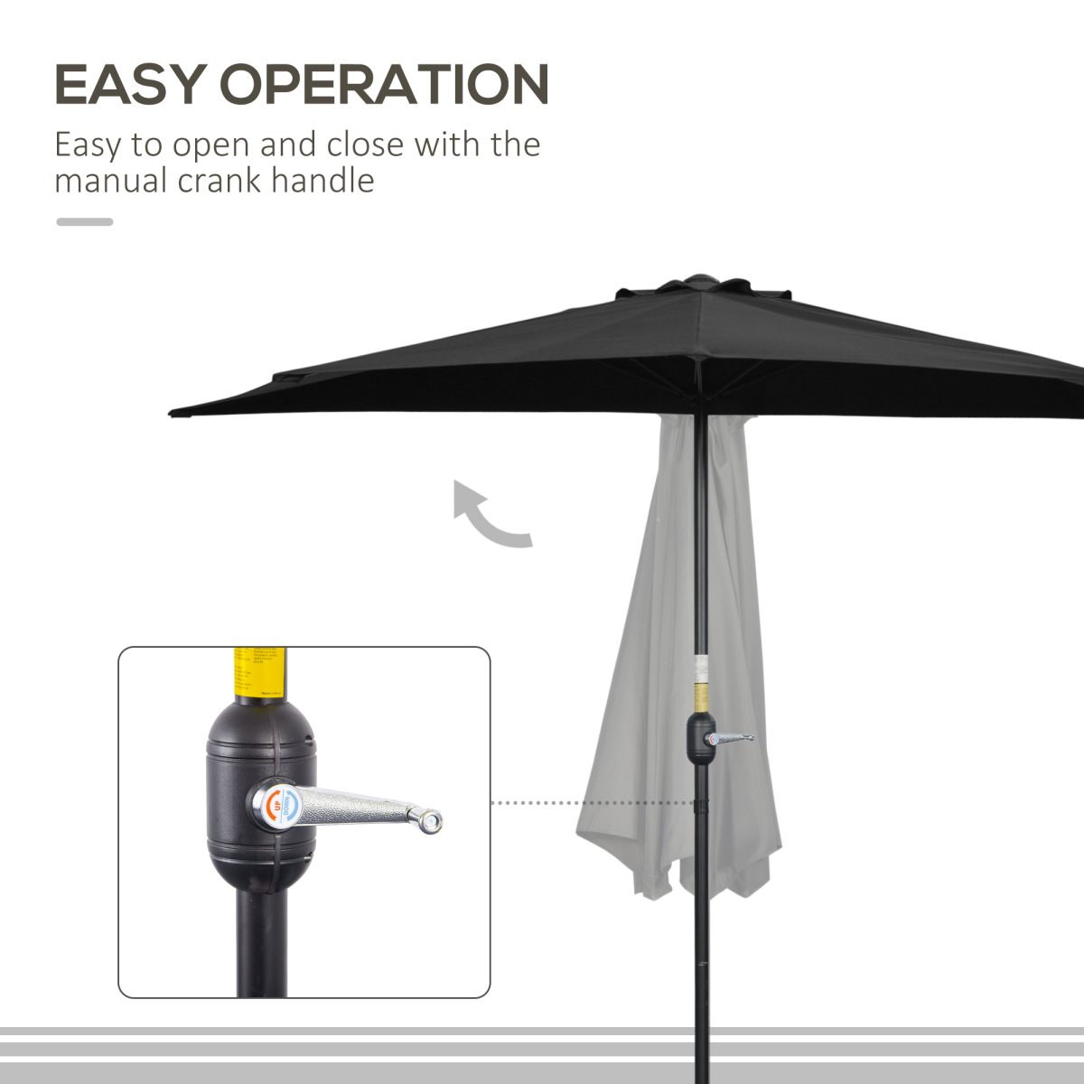 Outsunny 3 (m) Metal Frame Garden Furniture Parasol Half Round Umbrella Black - Image 4