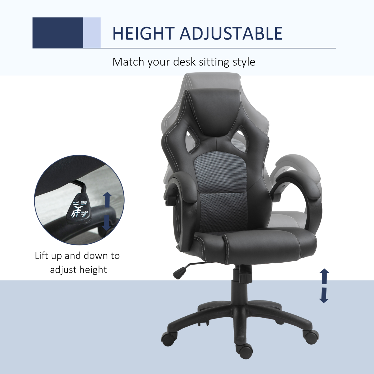 Executive Racing Swivel Gaming Office Chair PU Leather Computer Desk Chair Grey - Image 4