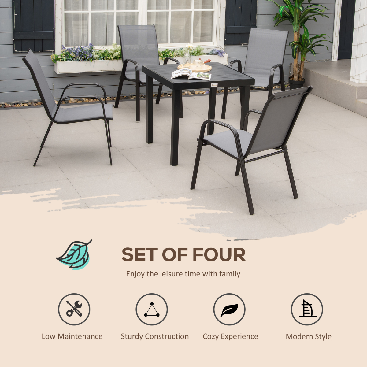 Set of 4 Garden Dining Chair Set Outdoor w/ High Back Armrest Grey Outsunny - Image 4