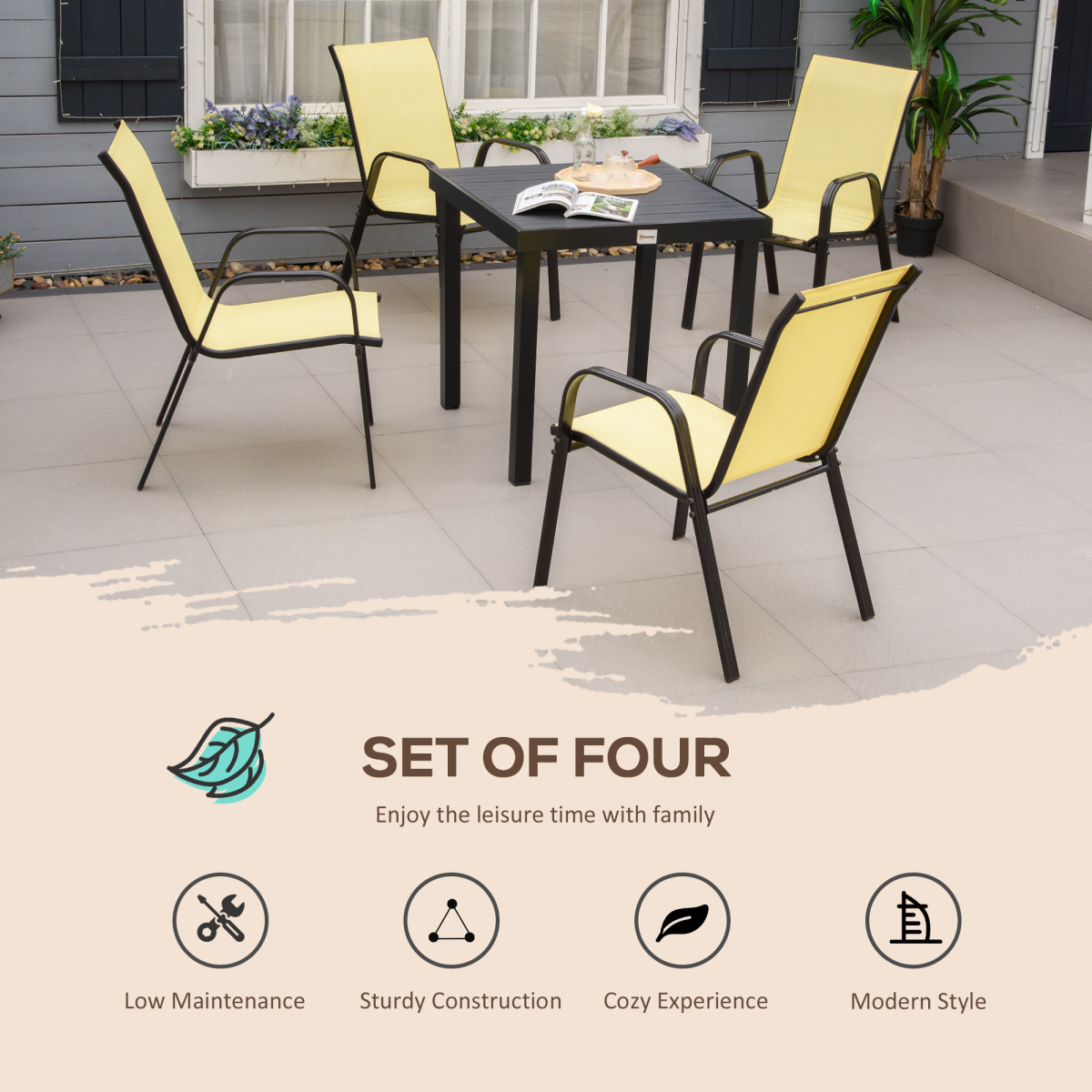 Set of 4 Garden Dining Chair Set Outdoor w/ High Back Armrest Beige Outsunny - Image 4
