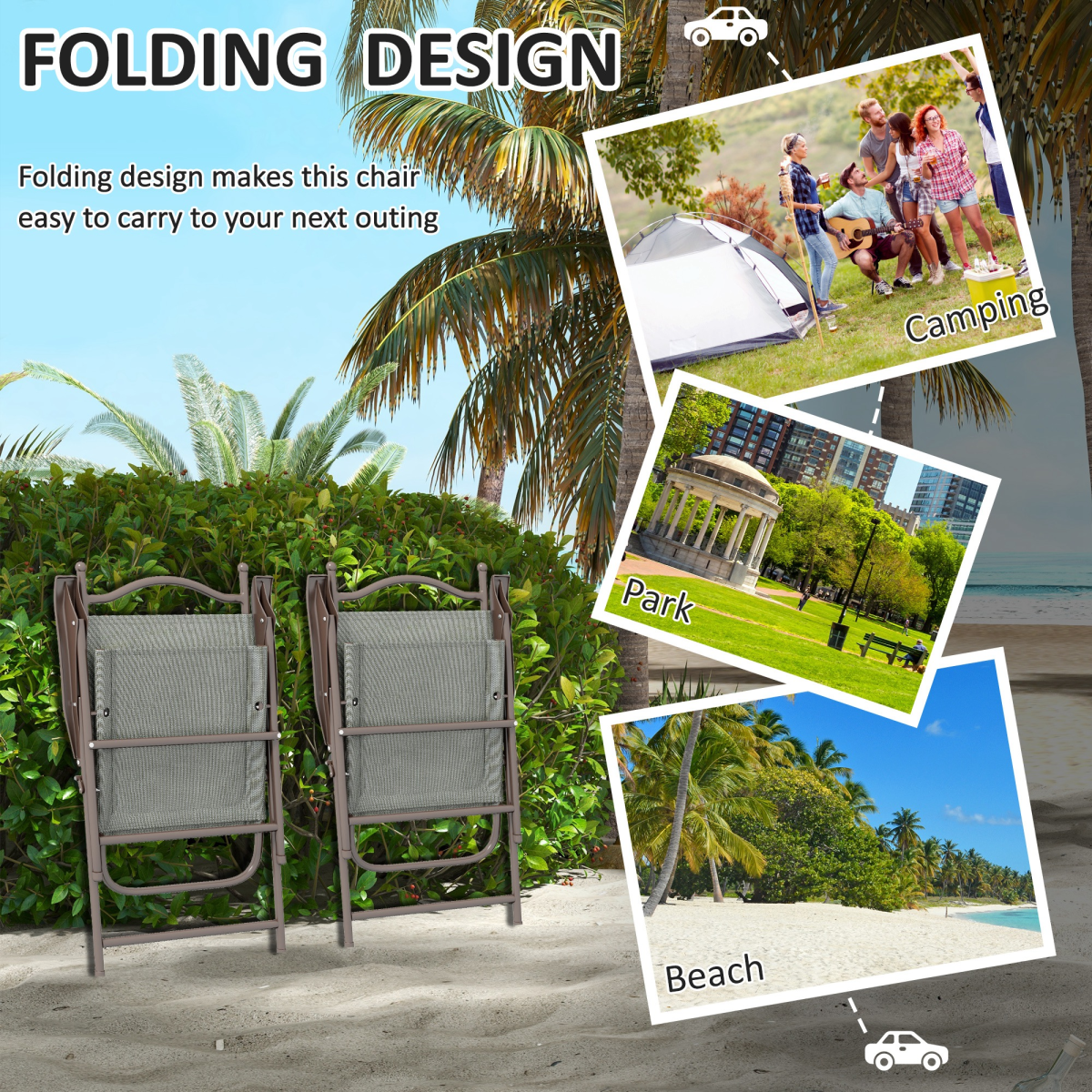 Outsunny Folding Chairs Set with Armrest, Breathable Mesh Fabric Seat, Dark Grey - Image 4