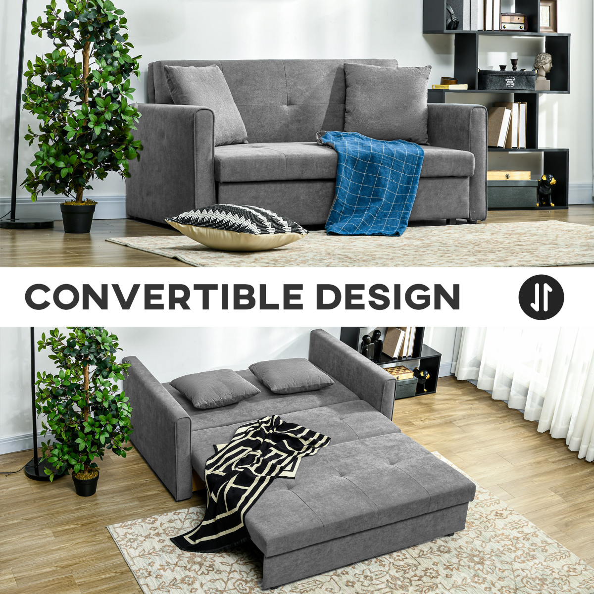 HOMCOM 2 Seater Sofa Bed Convertible Bed Settee w/ 2 Cushions Storage Light Grey - Image 4