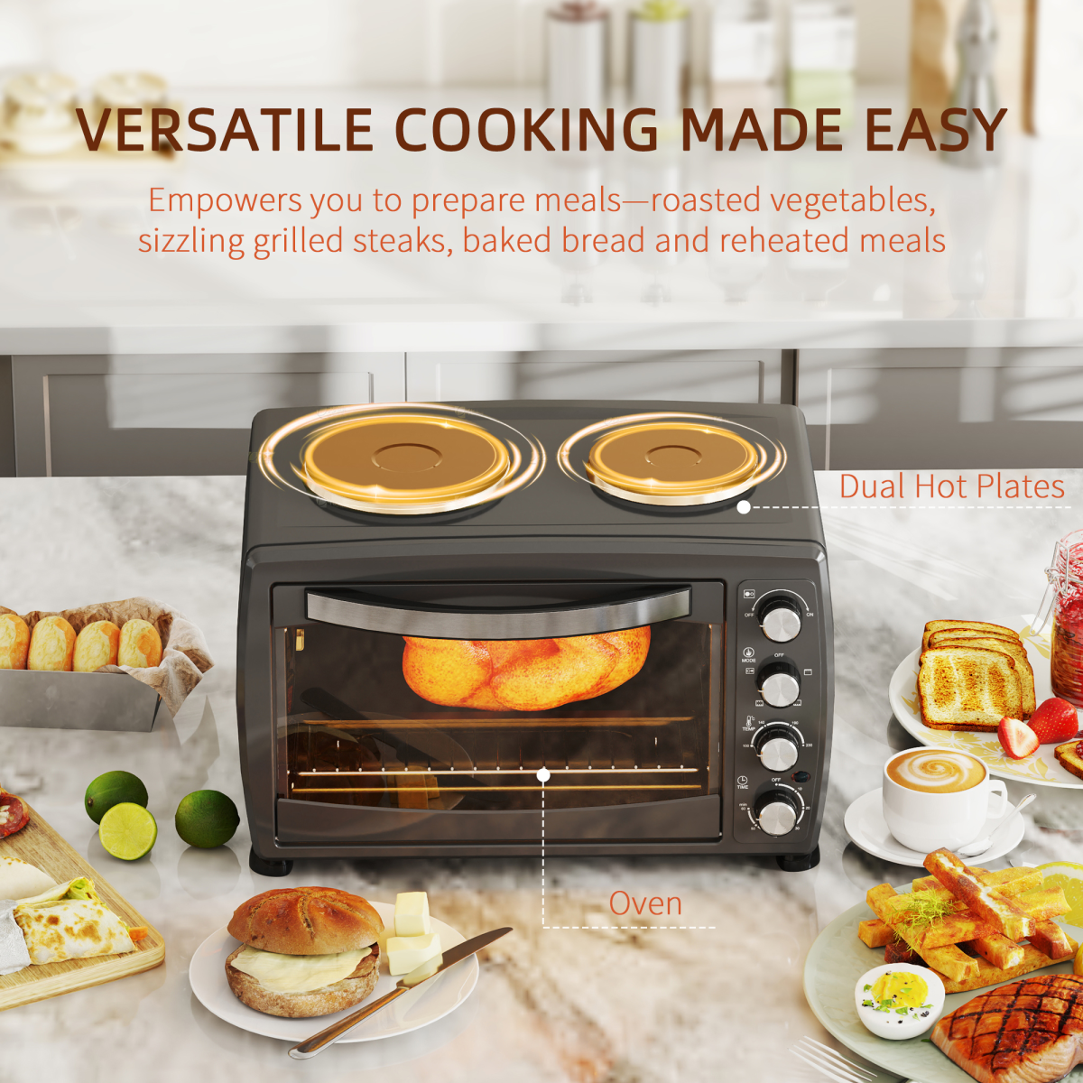 HOMCOM 36L Countertop Toaster Oven with 2 Hot Plates, Grill, Roast, Bake - Image 4