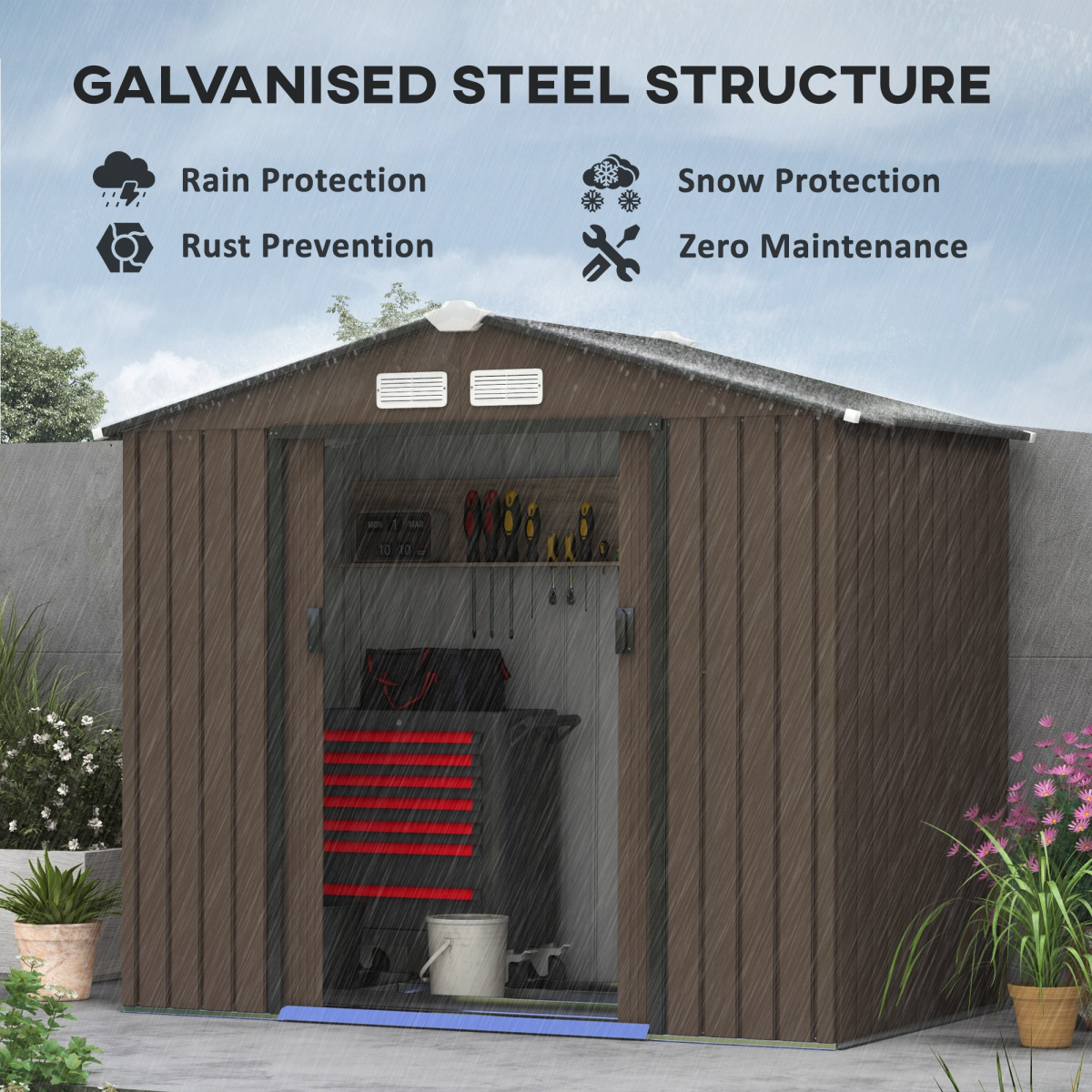 Garden Shed Storage Unit w/Locking Door Floor Foundation Vent Brown - Image 4