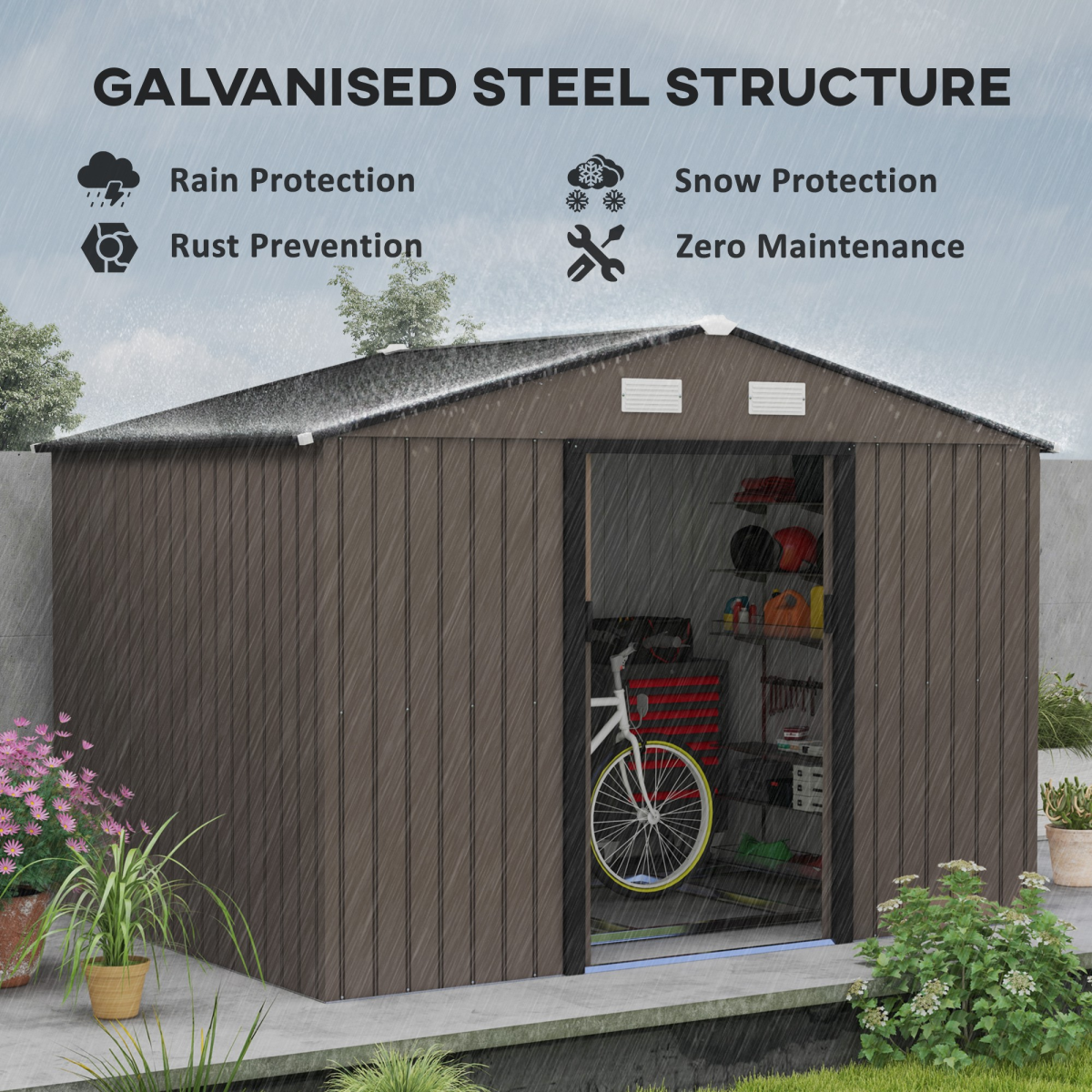 9 X 6FT Outdoor Storage Garden Shed Sliding Door Galvanised Metal Brown - Image 4