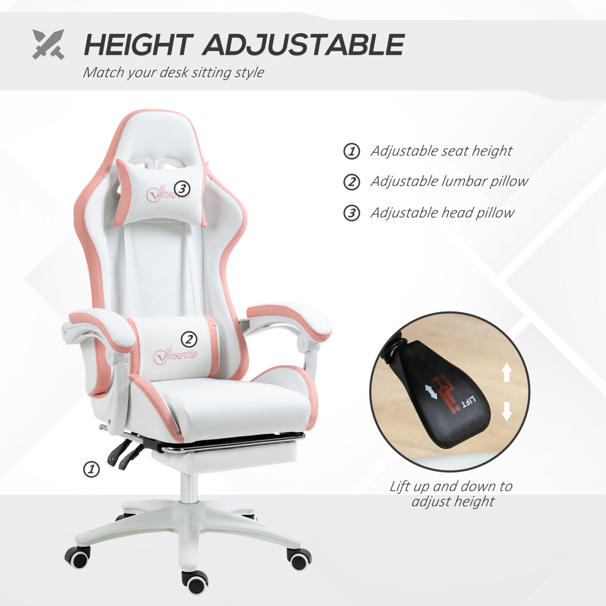 Vinsetto Racing Style Gaming Chair with Reclining Function Footrest, Pink - Image 4