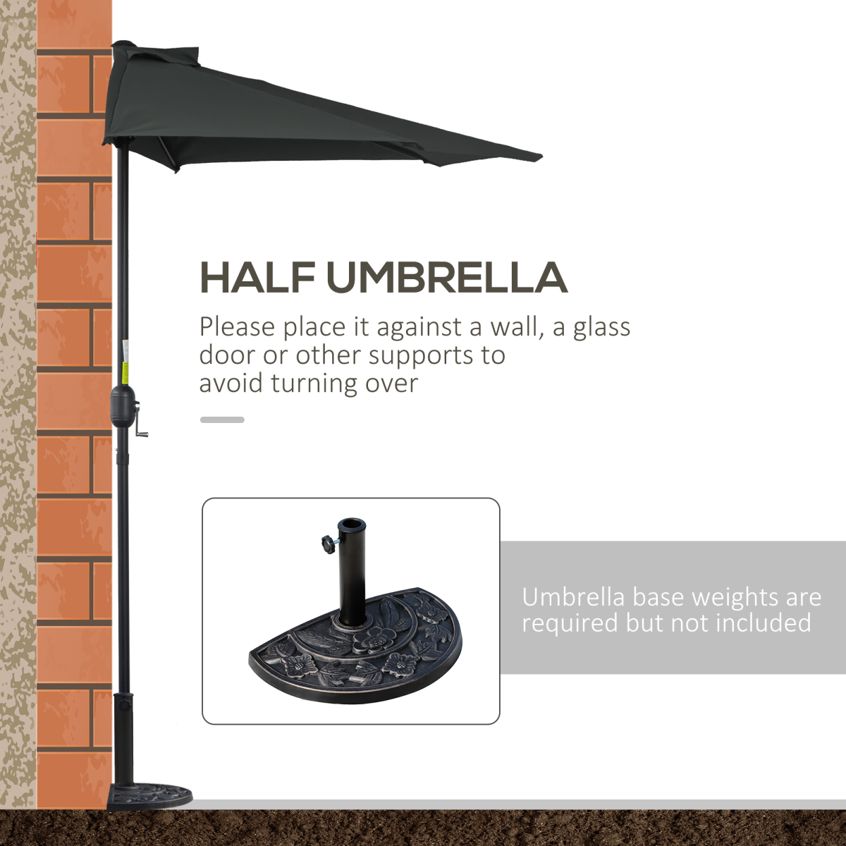 Outsunny 3 (m) Metal Frame Garden Furniture Parasol Half Round Umbrella Black - Image 5