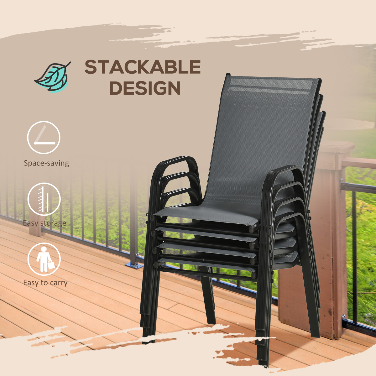 Set of 4 Garden Dining Chair Set Outdoor w/ High Back Armrest Grey Outsunny - Image 5