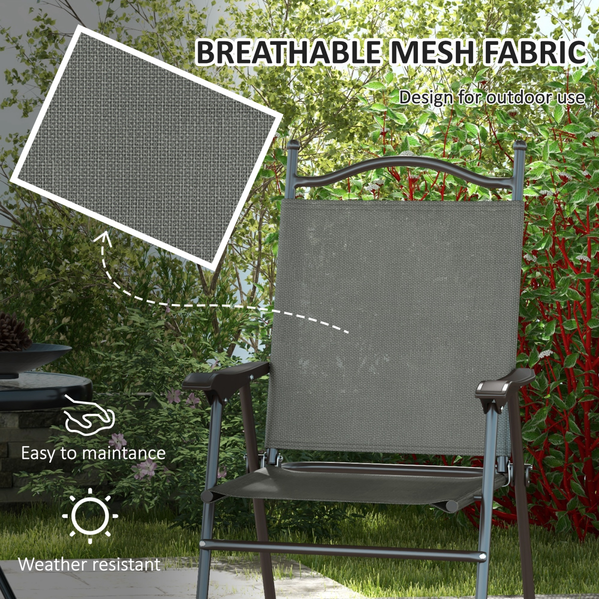 Outsunny Folding Chairs Set with Armrest, Breathable Mesh Fabric Seat, Dark Grey - Image 5