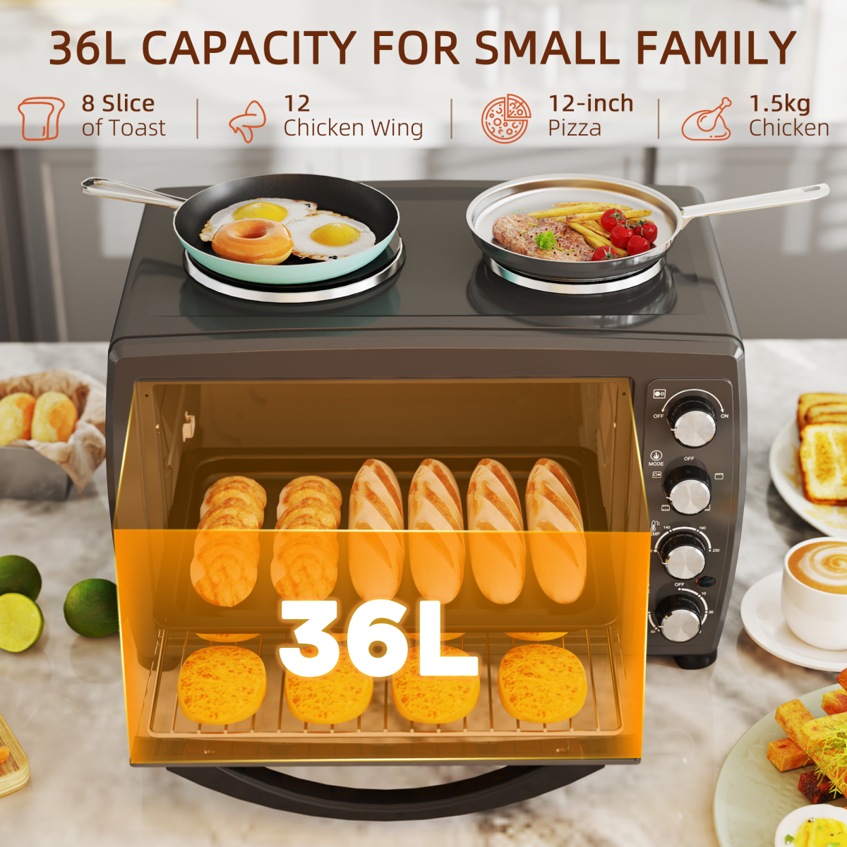 HOMCOM 36L Countertop Toaster Oven with 2 Hot Plates, Grill, Roast, Bake - Image 5