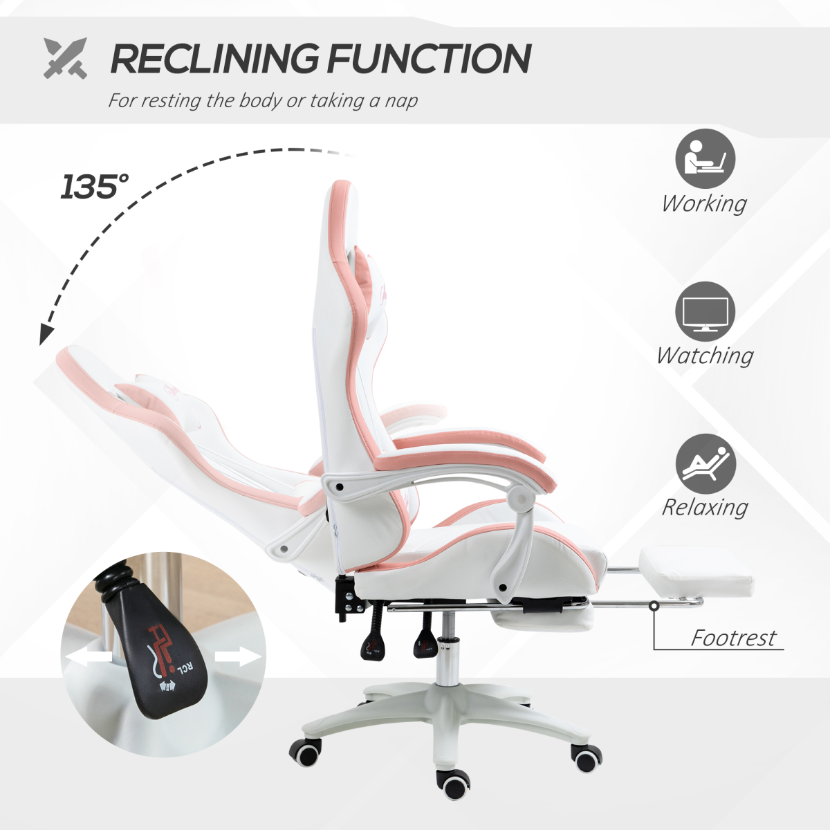 Vinsetto Racing Style Gaming Chair with Reclining Function Footrest, Pink - Image 5