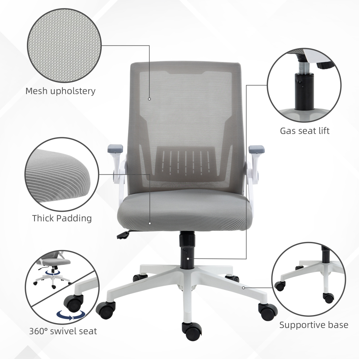 Vinsetto Mesh Office Chair for Home with Lumbar Support, Flip-up Arm, Wheels - Image 6