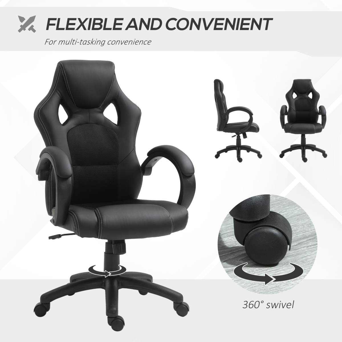 Executive Racing Swivel Gaming Office Chair PU Leather Computer Desk Chair Black - Image 6