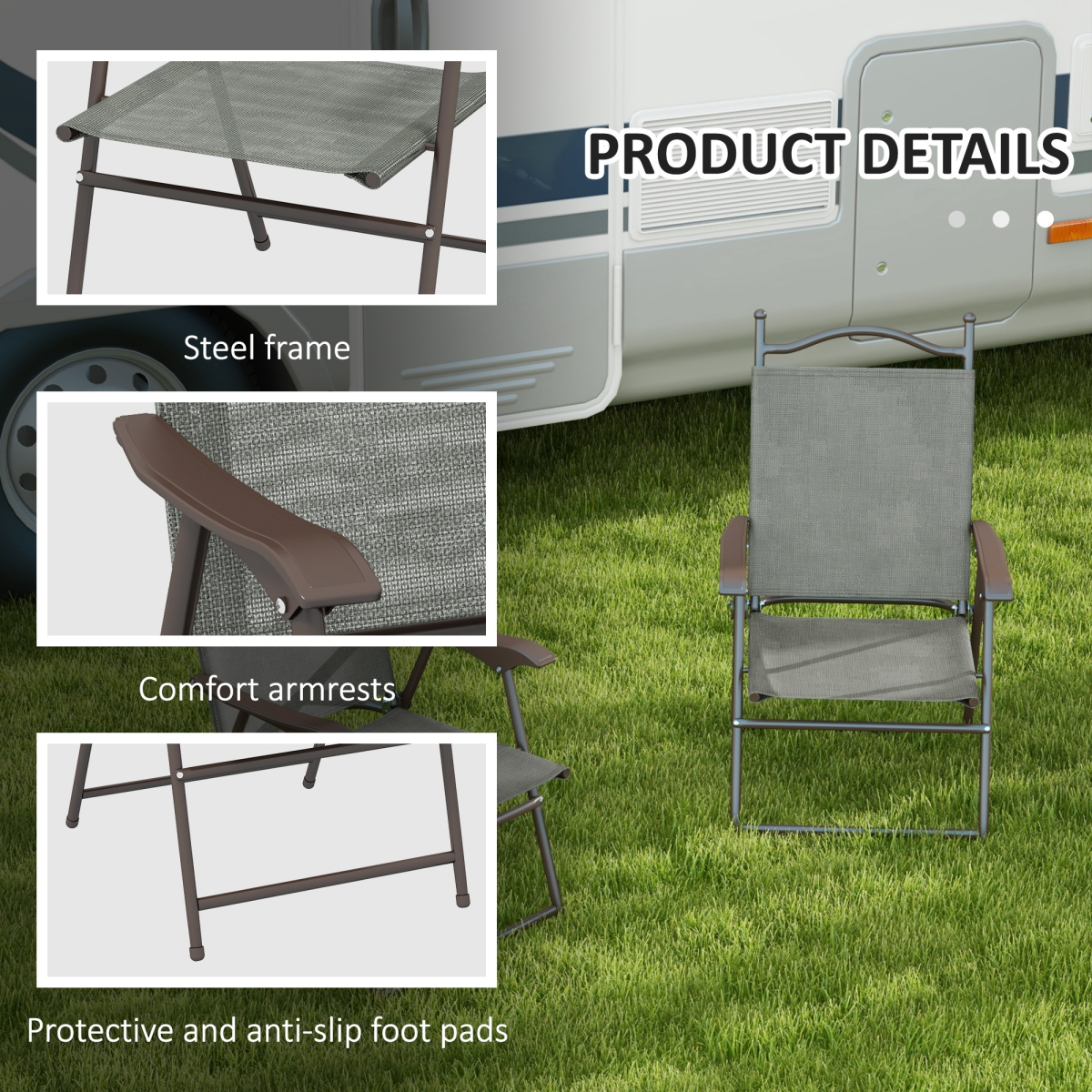 Outsunny Folding Chairs Set with Armrest, Breathable Mesh Fabric Seat, Dark Grey - Image 6