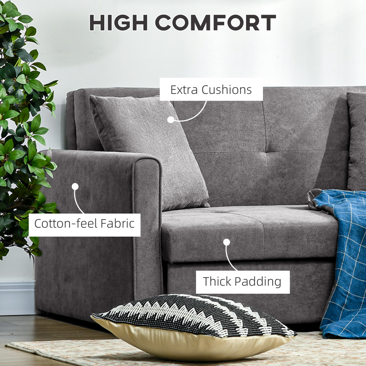 HOMCOM 2 Seater Sofa Bed Convertible Bed Settee w/ 2 Cushions Storage Light Grey - Image 6
