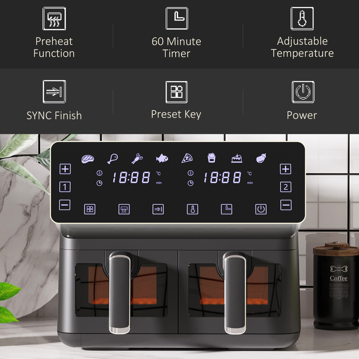 Dual Air Fryer 8L Family Size w/ 2 Basket 8 Presets Cookbook Timer 2500W - Image 6