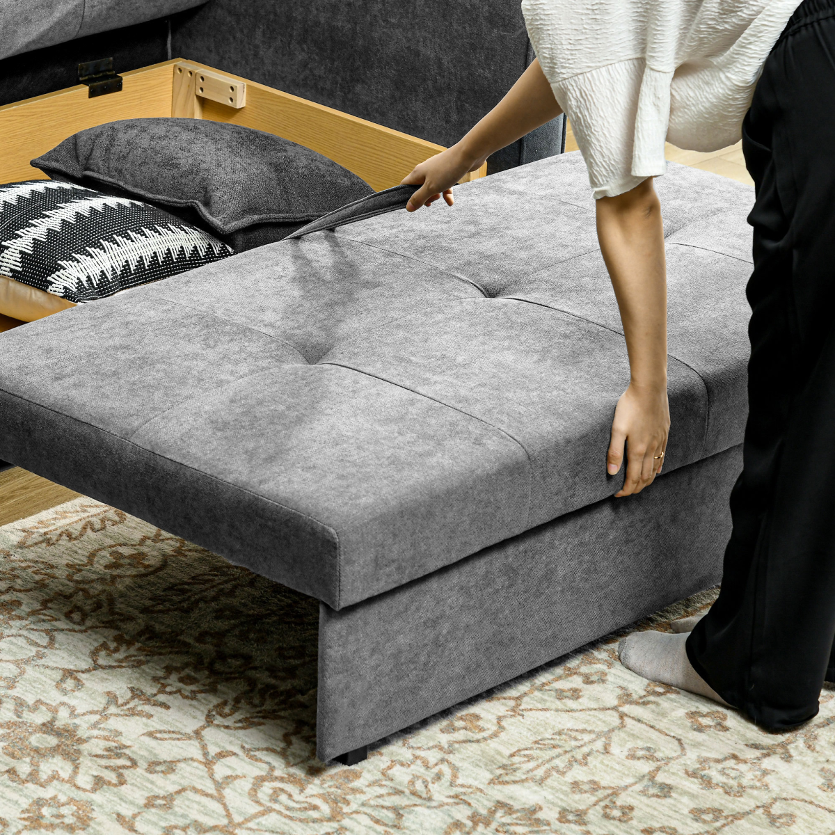 HOMCOM 2 Seater Sofa Bed Convertible Bed Settee w/ 2 Cushions Storage Light Grey - Image 7