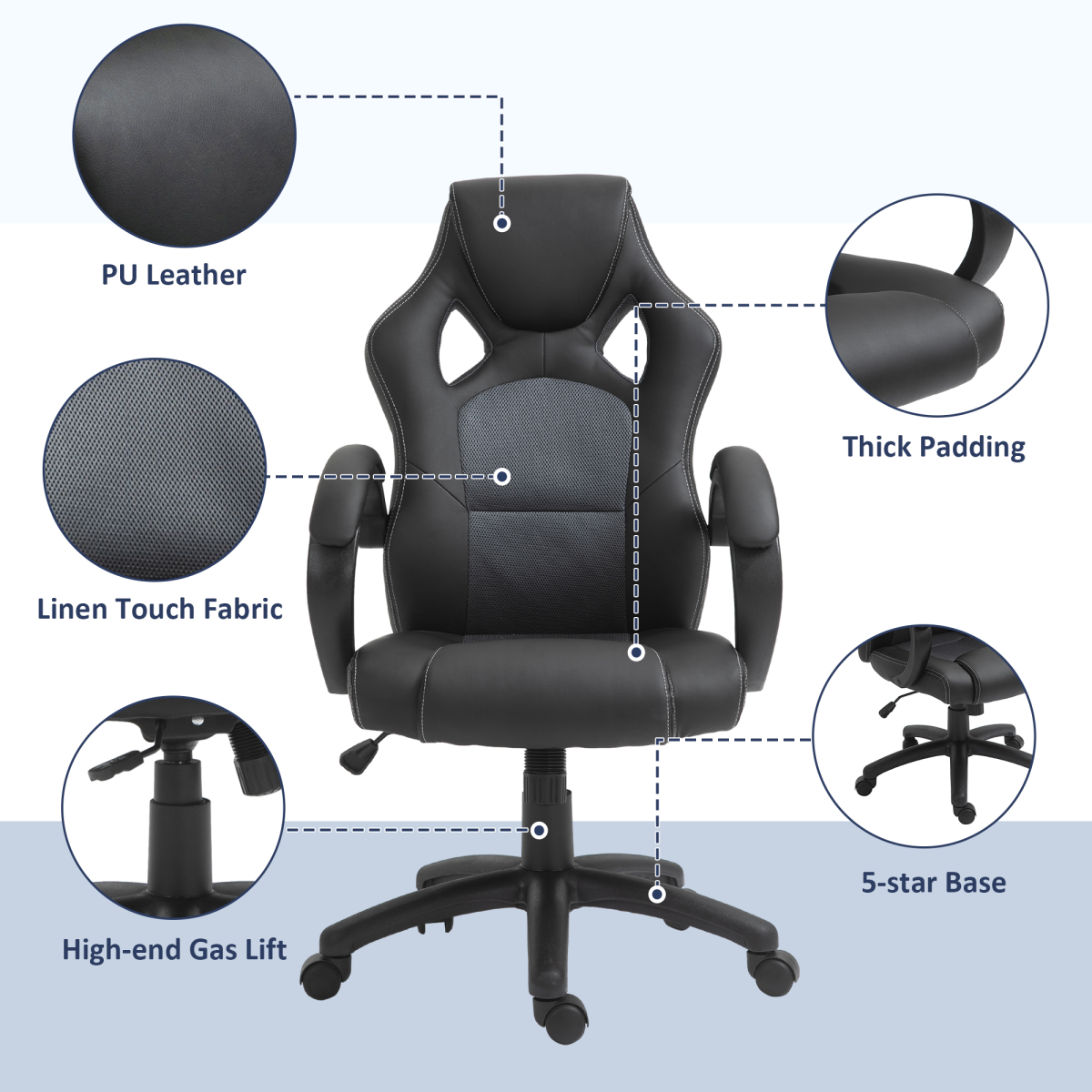 Executive Racing Swivel Gaming Office Chair PU Leather Computer Desk Chair Grey - Image 8