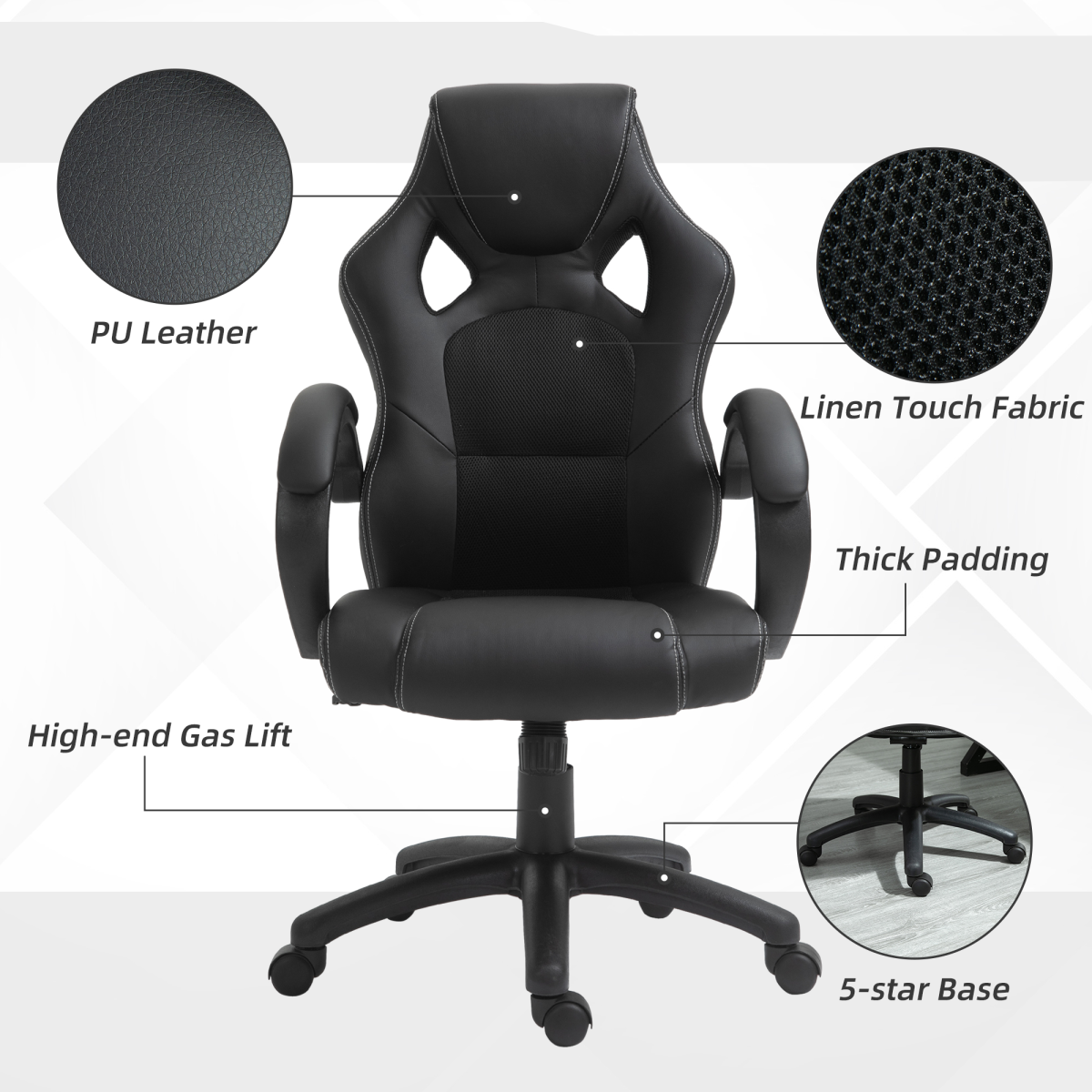 Executive Racing Swivel Gaming Office Chair PU Leather Computer Desk Chair Black - Image 8