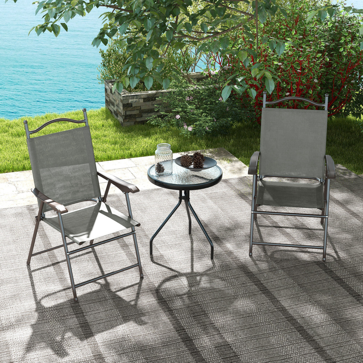 Outsunny Folding Chairs Set with Armrest, Breathable Mesh Fabric Seat, Dark Grey - Image 8