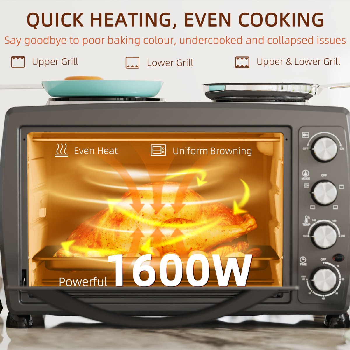 HOMCOM 36L Countertop Toaster Oven with 2 Hot Plates, Grill, Roast, Bake - Image 8