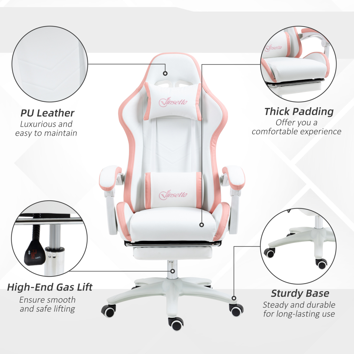 Vinsetto Racing Style Gaming Chair with Reclining Function Footrest, Pink - Image 8