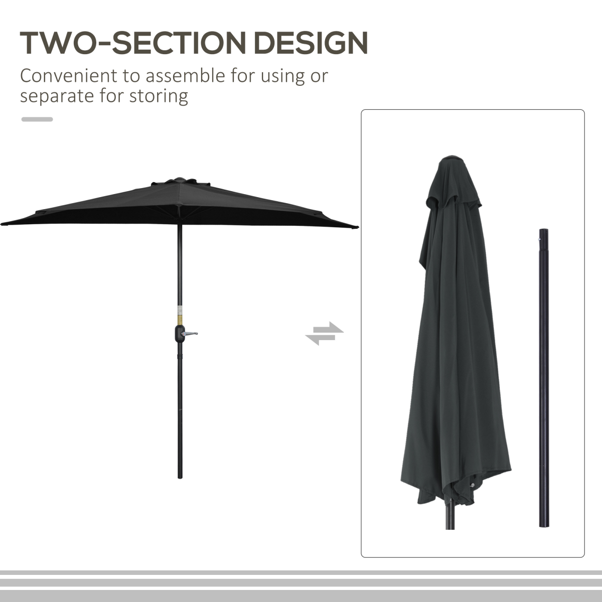 Outsunny 3 (m) Metal Frame Garden Furniture Parasol Half Round Umbrella Black - Image 8
